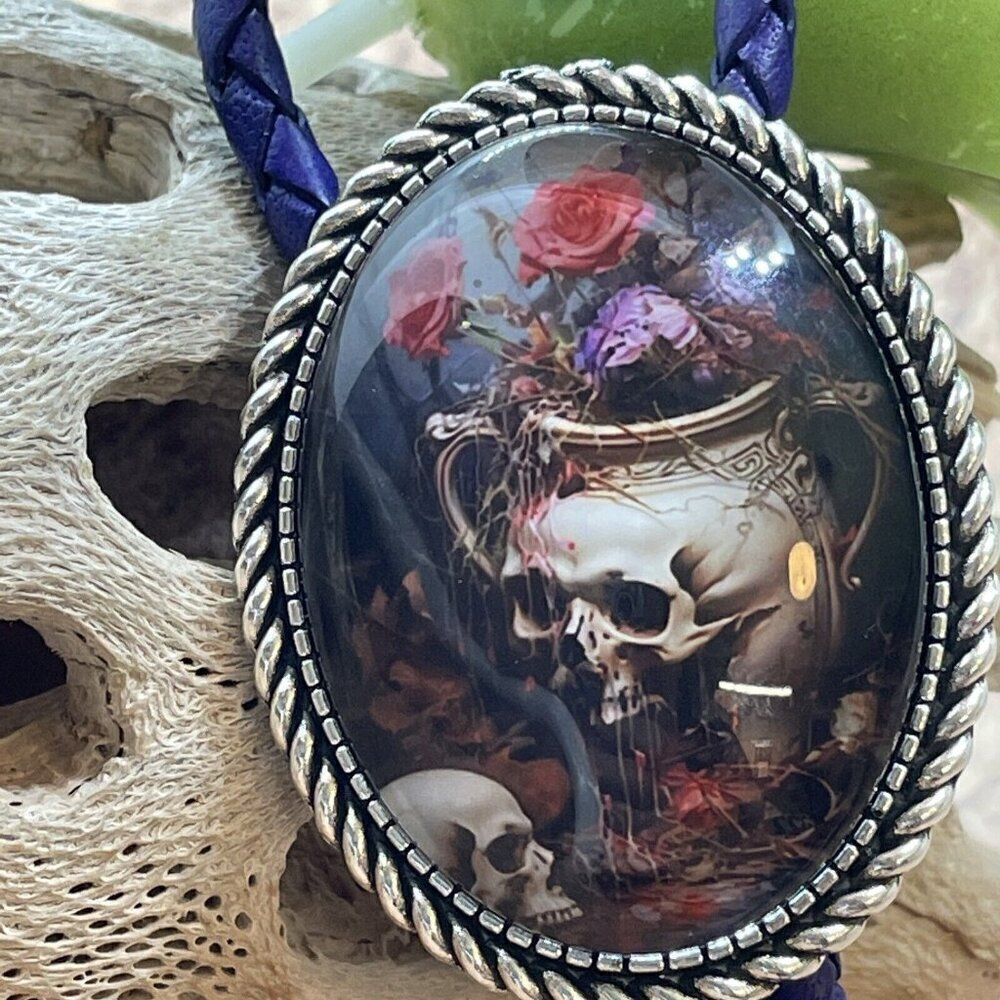 - Gothic Skull Rose Witch Leather Bolo Tie Lariat Necklace Wedding Purple Xmas - Picture 6 of 16